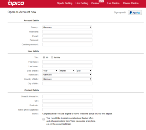 Tipico Sign Up Form